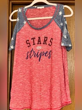 Maurices Red Tee with Blue Star Raglan Sleeves